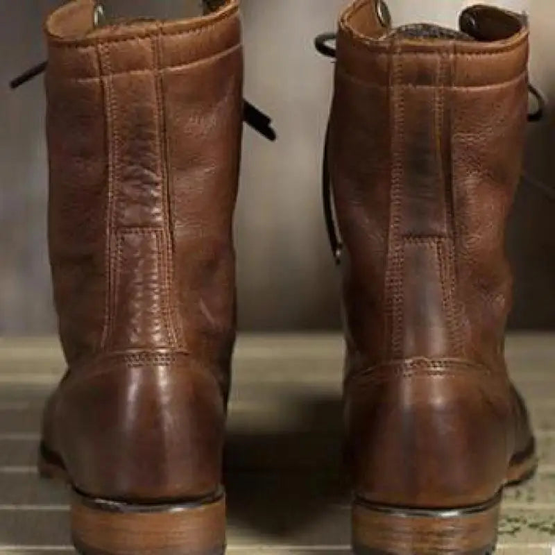 Tall Leather Boots Knee High Block Heel Round Toe Brown