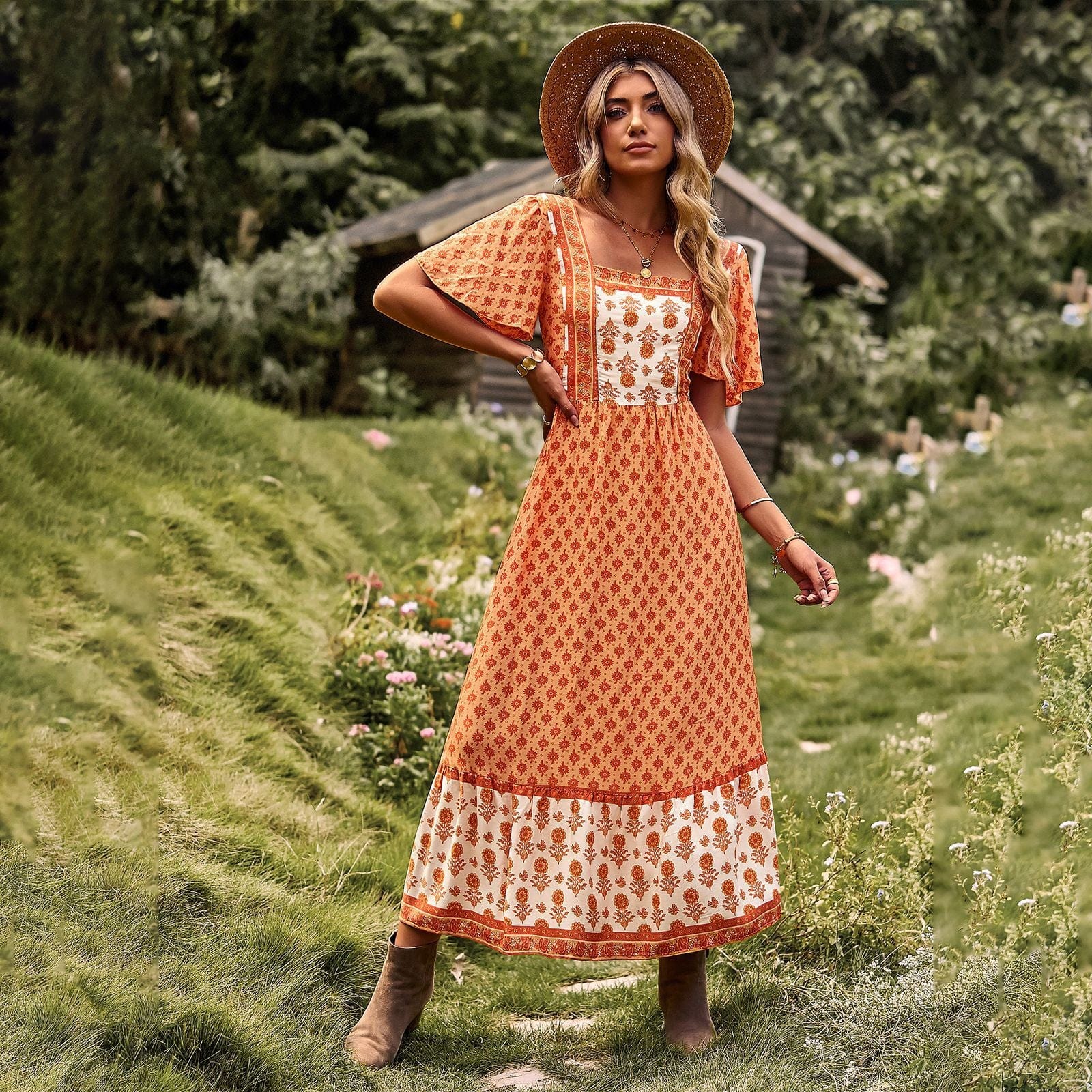 Long Boho Floral Dress Country