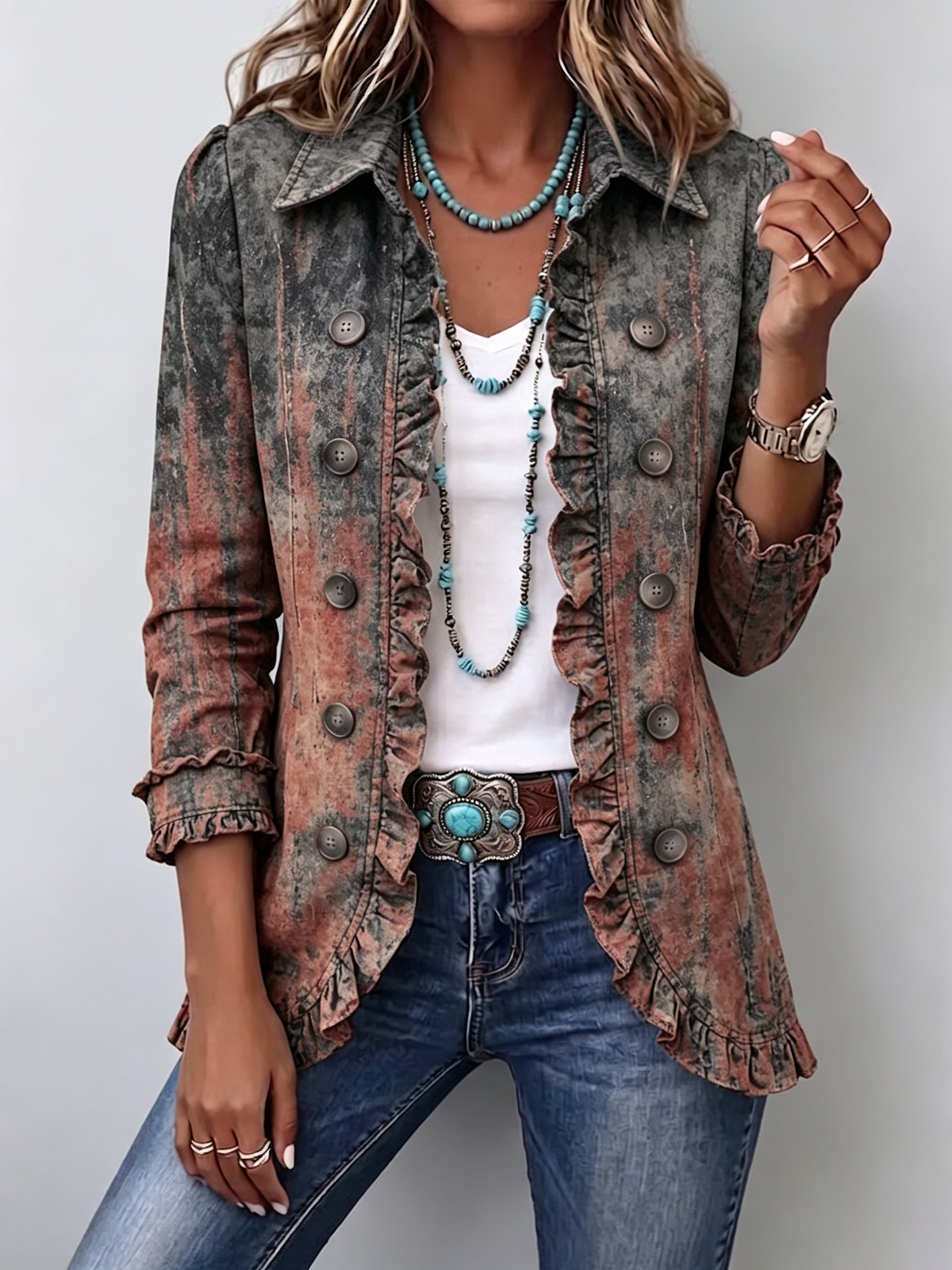 Bennett and Lowe Bristow vintage gradient textured ruffle jacket for women, featuring a stylish ruffle design and colorful fabric.