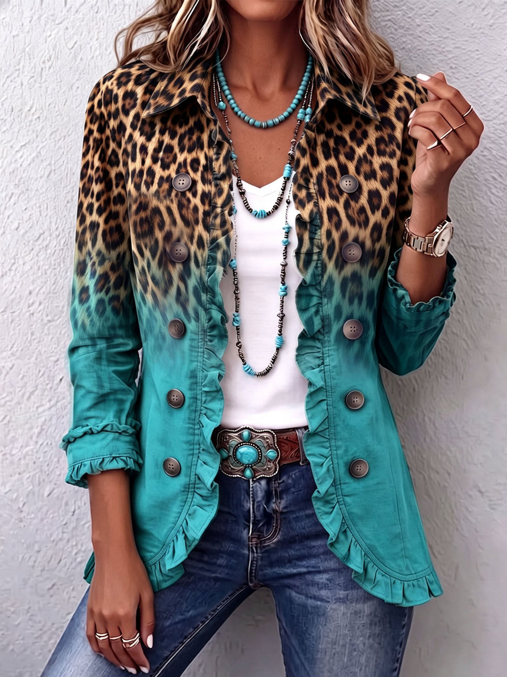 Leopard ombre ruffle blazer jacket for women by Bennett and Lowe, featuring stylish ruffle details and a fitted silhouette.