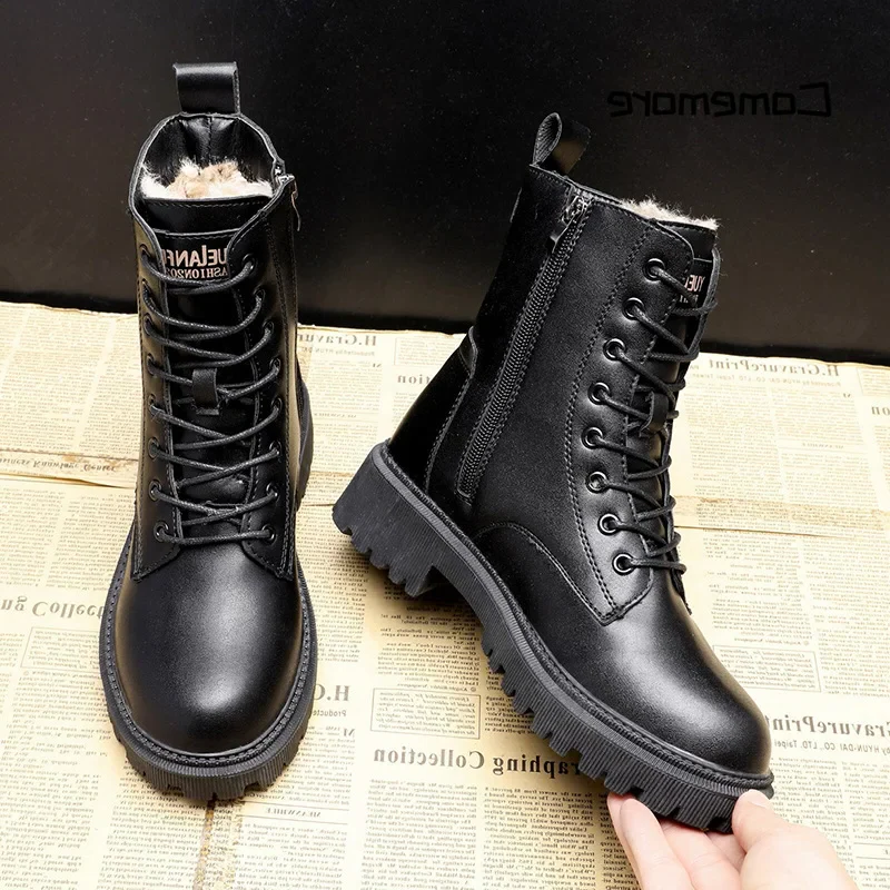 Women's Leather Winter Boots Black Elegant Durable