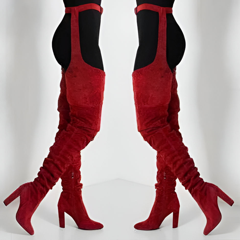 Thigh High Boots Faux Suede Belted Chunky Heel Over The Knee