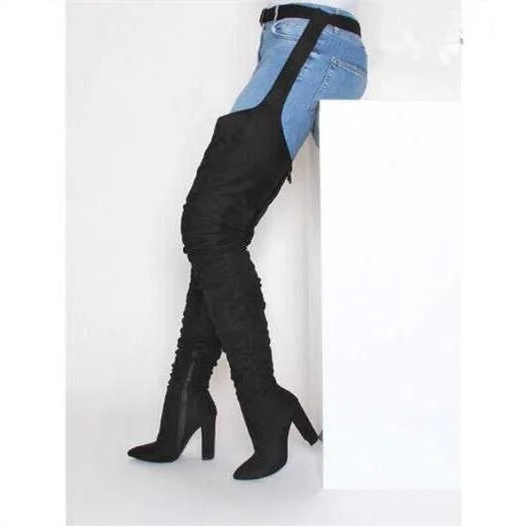 Thigh High Boots Faux Suede Belted Chunky Heel Over The Knee
