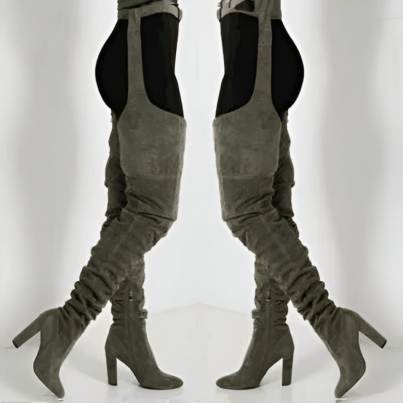 Thigh High Boots Faux Suede Belted Chunky Heel Over The Knee