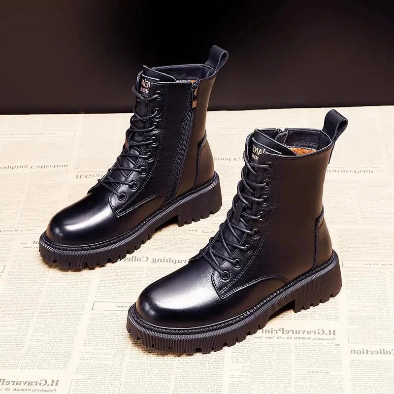 Women's Leather Winter Boots Black Elegant Durable