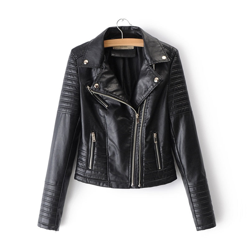 Women's Biker Jacket Zip Up Faux Leather Moto Casual