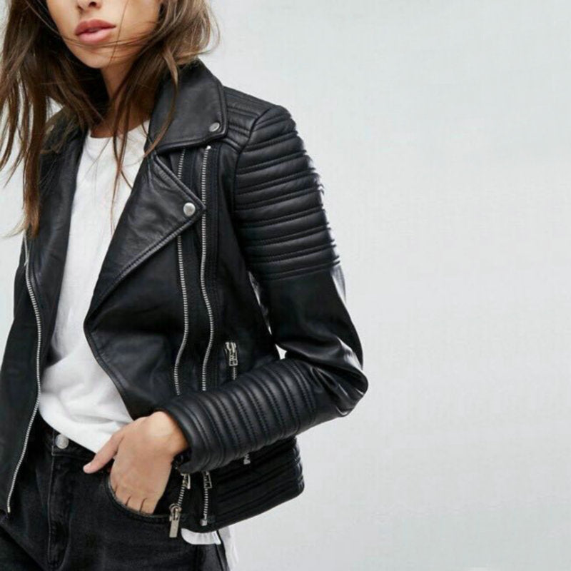 Women's Biker Jacket Zip Up Faux Leather Moto Casual