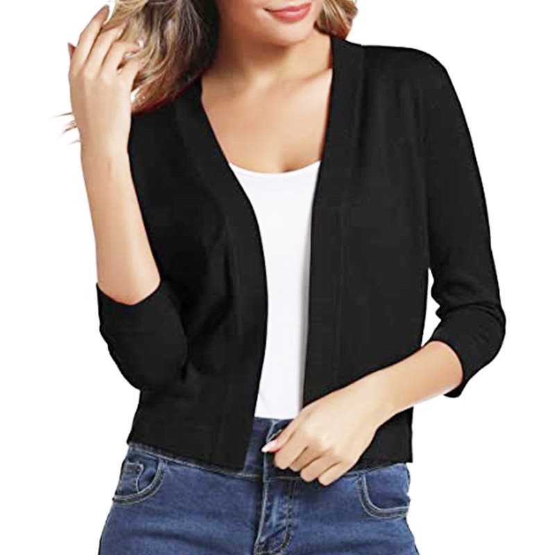 Open Front Cardigan Three Quarter Sleeve Draped Layering