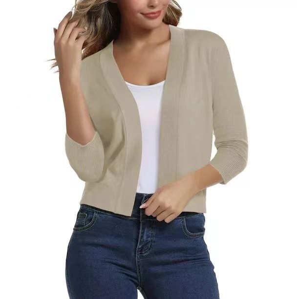 Open Front Cardigan Three Quarter Sleeve Draped Layering