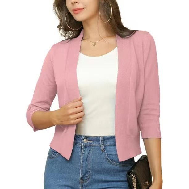Open Front Cardigan Three Quarter Sleeve Draped Layering