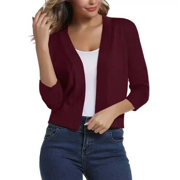 Open Front Cardigan Three Quarter Sleeve Draped Layering