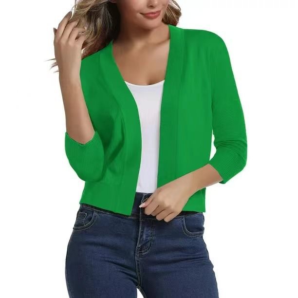 Open Front Cardigan Three Quarter Sleeve Draped Layering
