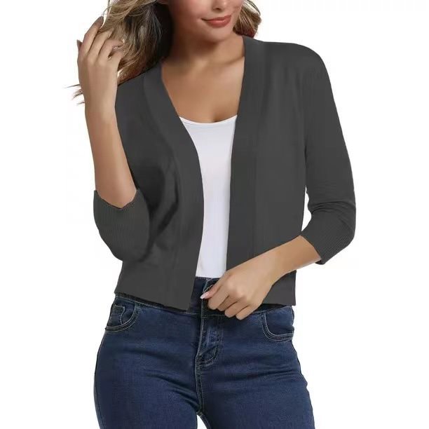 Open Front Cardigan Three Quarter Sleeve Draped Layering