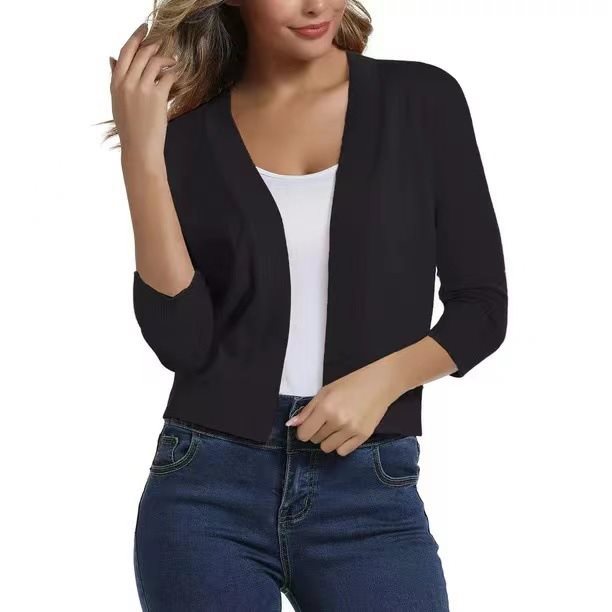 Open Front Cardigan Three Quarter Sleeve Draped Layering