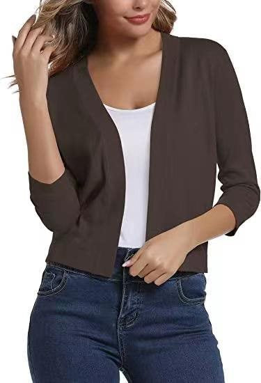 Open Front Cardigan Three Quarter Sleeve Draped Layering