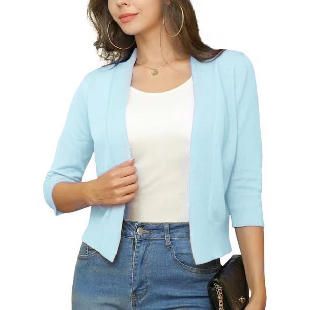 Open Front Cardigan Three Quarter Sleeve Draped Layering