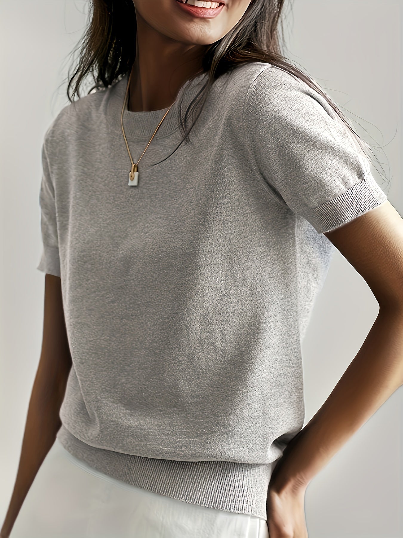 Short Sleeve Knit Jumper Crew Neck Ribbed Layering