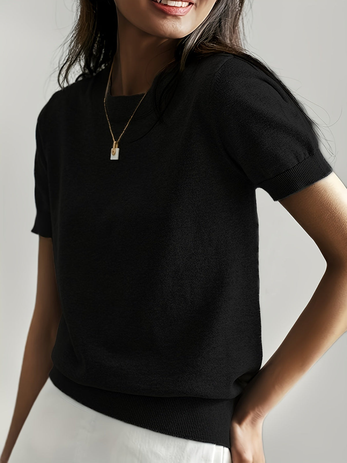 Short Sleeve Knit Jumper Crew Neck Ribbed Layering