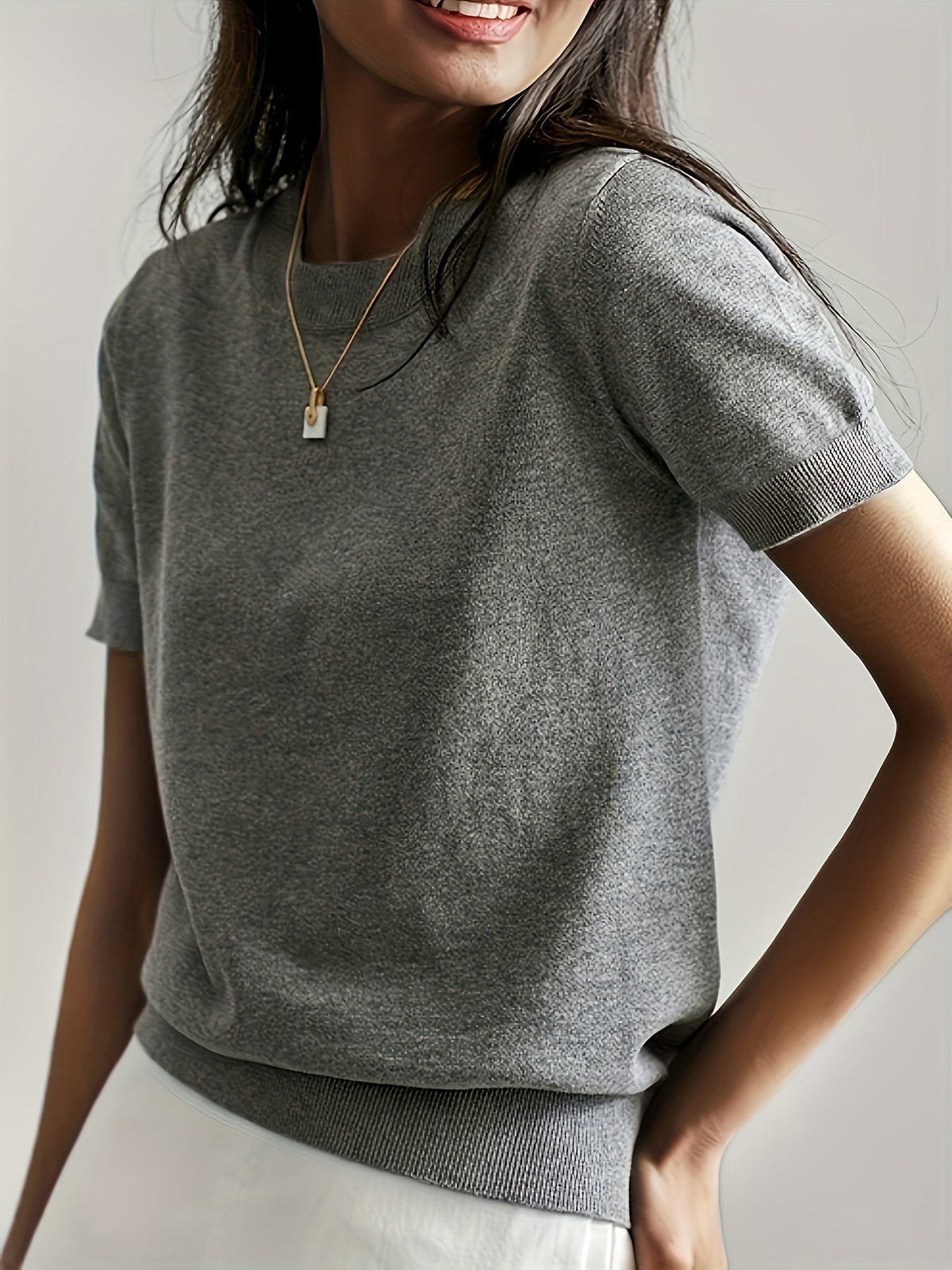 Short Sleeve Knit Jumper Crew Neck Ribbed Layering