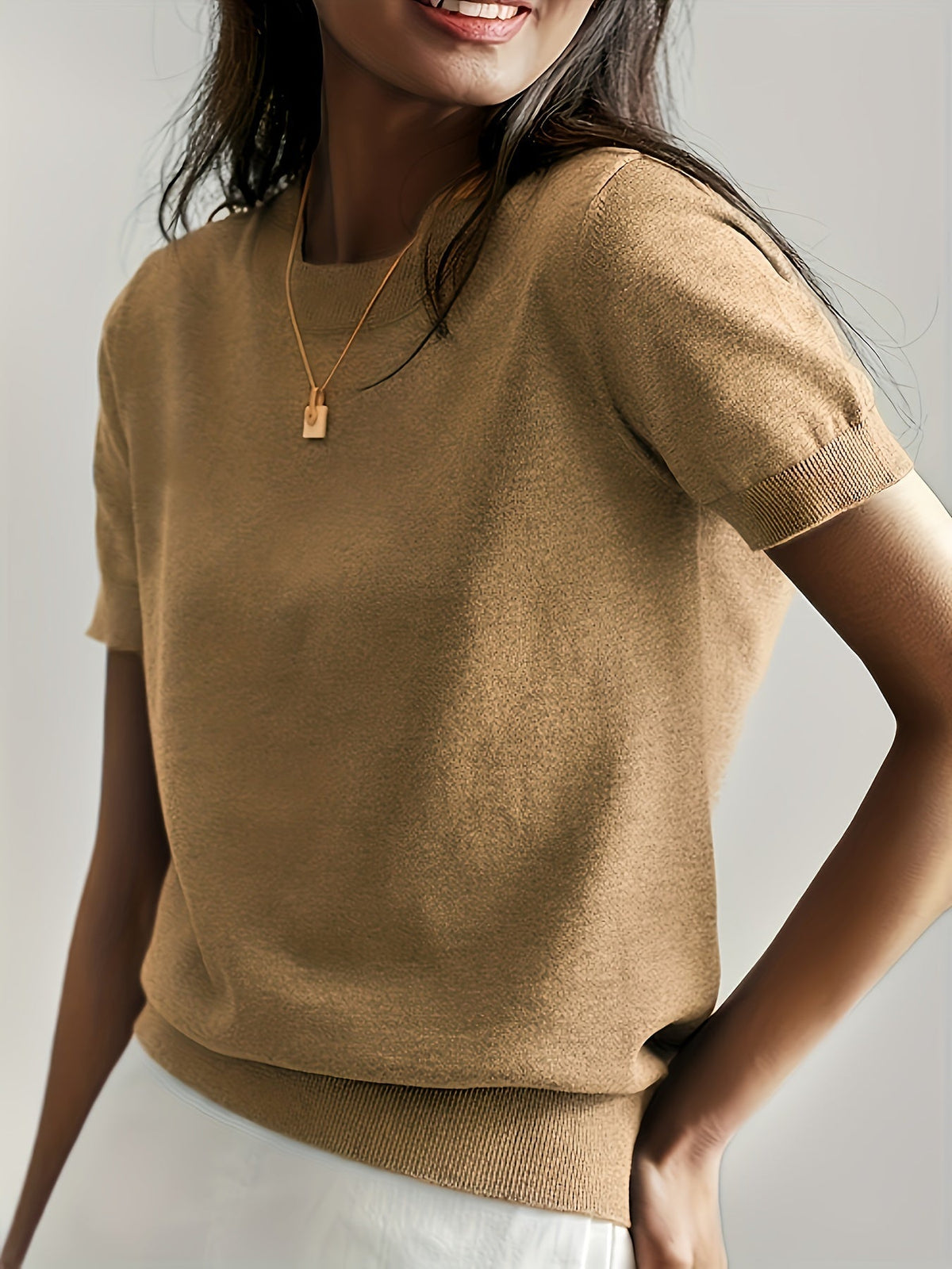 Short Sleeve Knit Jumper Crew Neck Ribbed Layering