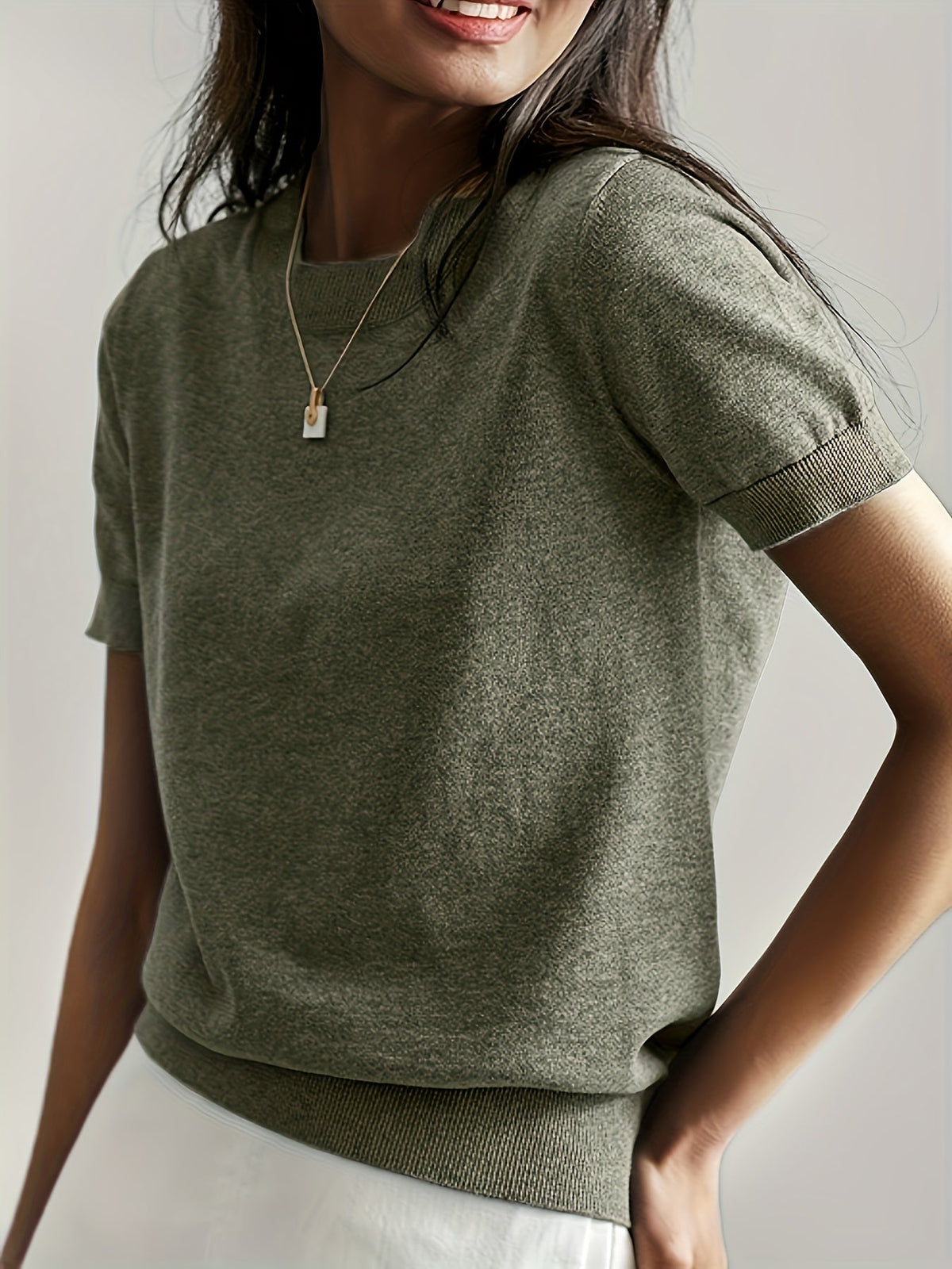 Short Sleeve Knit Jumper Crew Neck Ribbed Layering