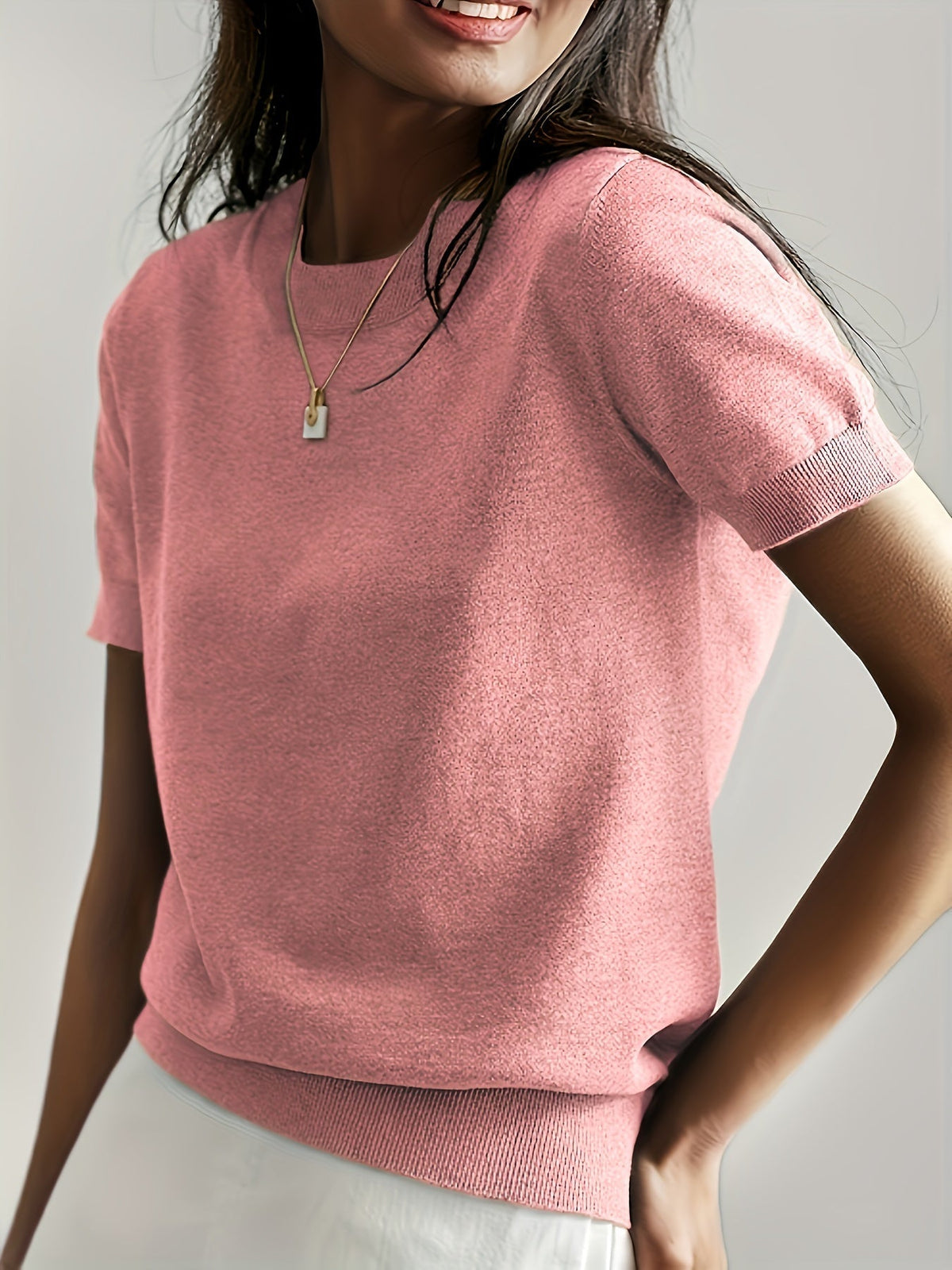 Short Sleeve Knit Jumper Crew Neck Ribbed Layering