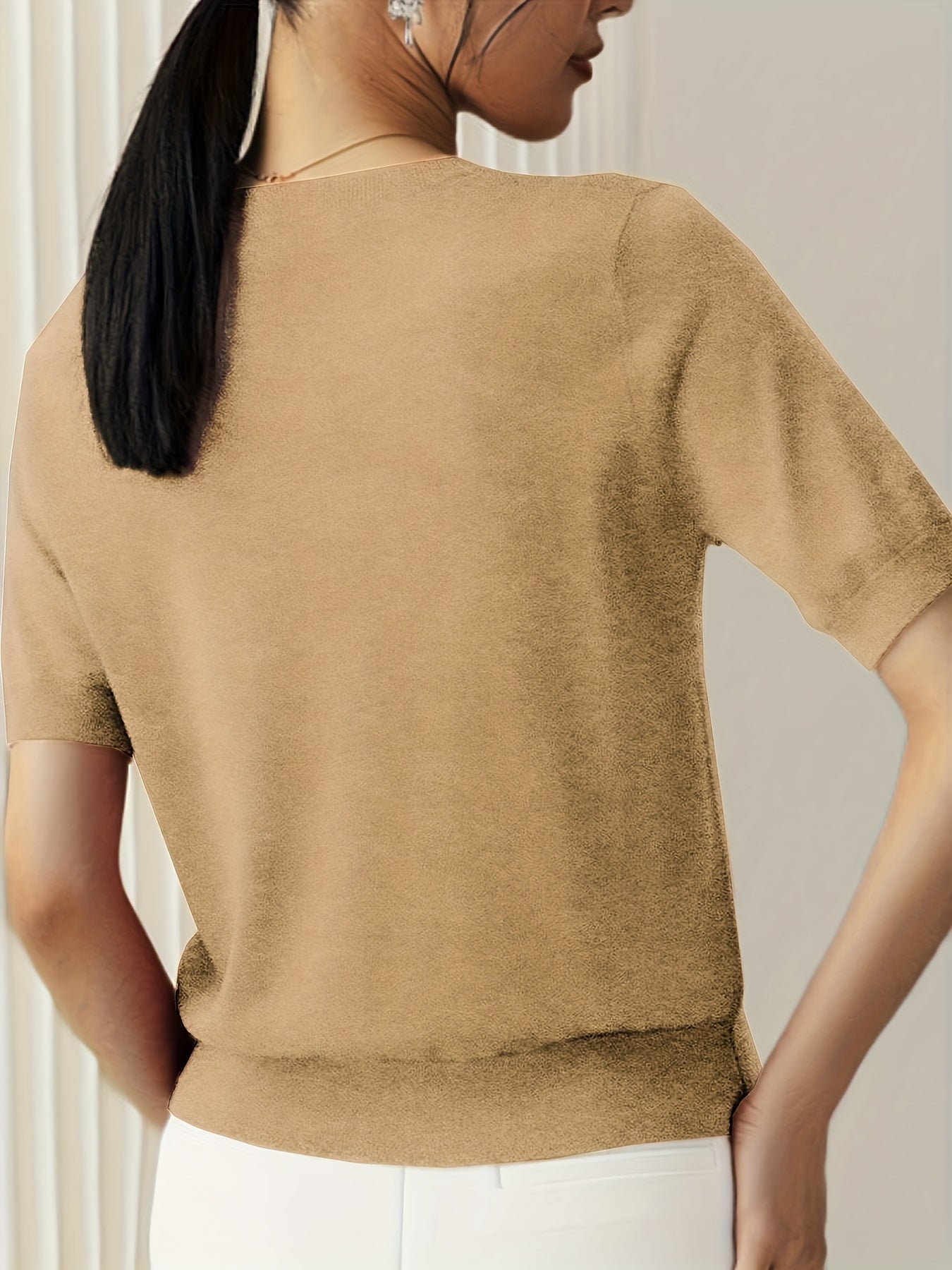Short Sleeve Knit Jumper Crew Neck Ribbed Layering