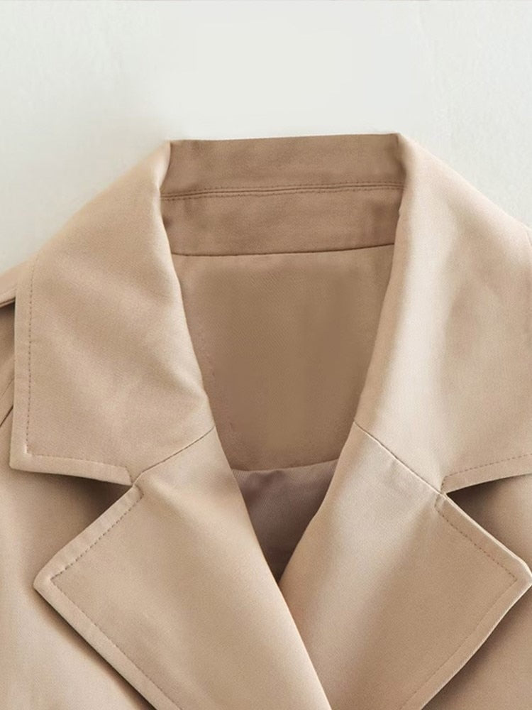 Women's Cropped Trench Coat Beige Double Breasted Buttoned