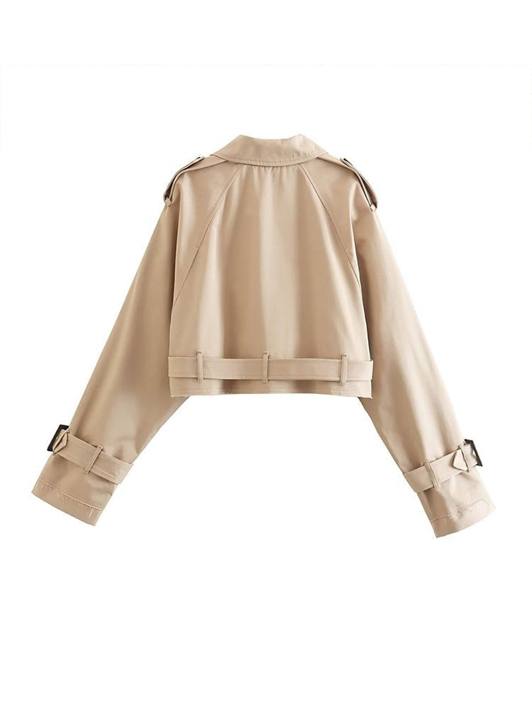 Women's Cropped Trench Coat Beige Double Breasted Buttoned