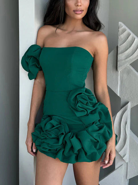 Elegant One-Shoulder Ruffle Slim Cotton Mini Dress