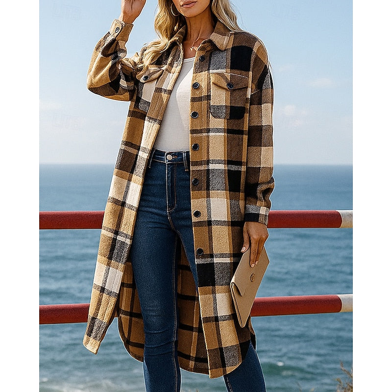 Longline Coat Check Pattern Buttons Pockets Classic