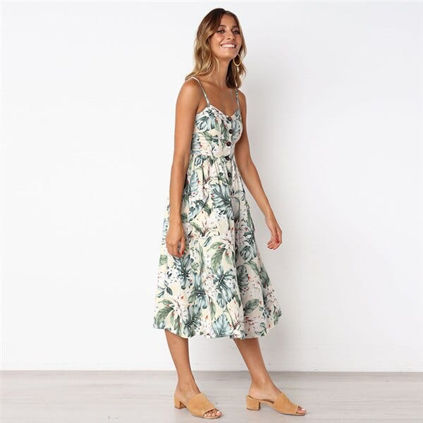 Boho Floral Midi Dress Spaghetti Strap