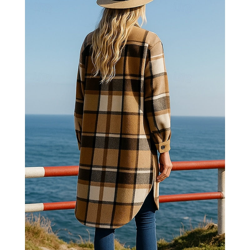 Longline Coat Check Pattern Buttons Pockets Classic