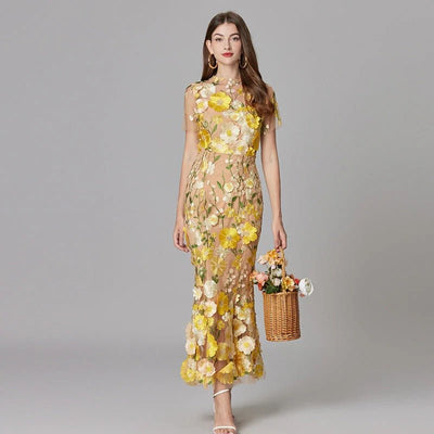 3D Floral Applique Sleeveless Maxi Dress