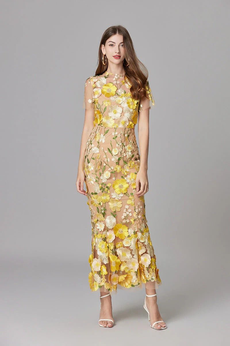 3D Floral Applique Sleeveless Maxi Dress