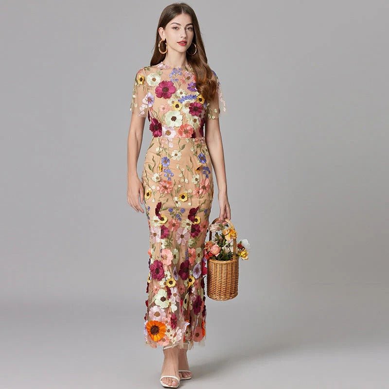 3D Floral Applique Sleeveless Maxi Dress