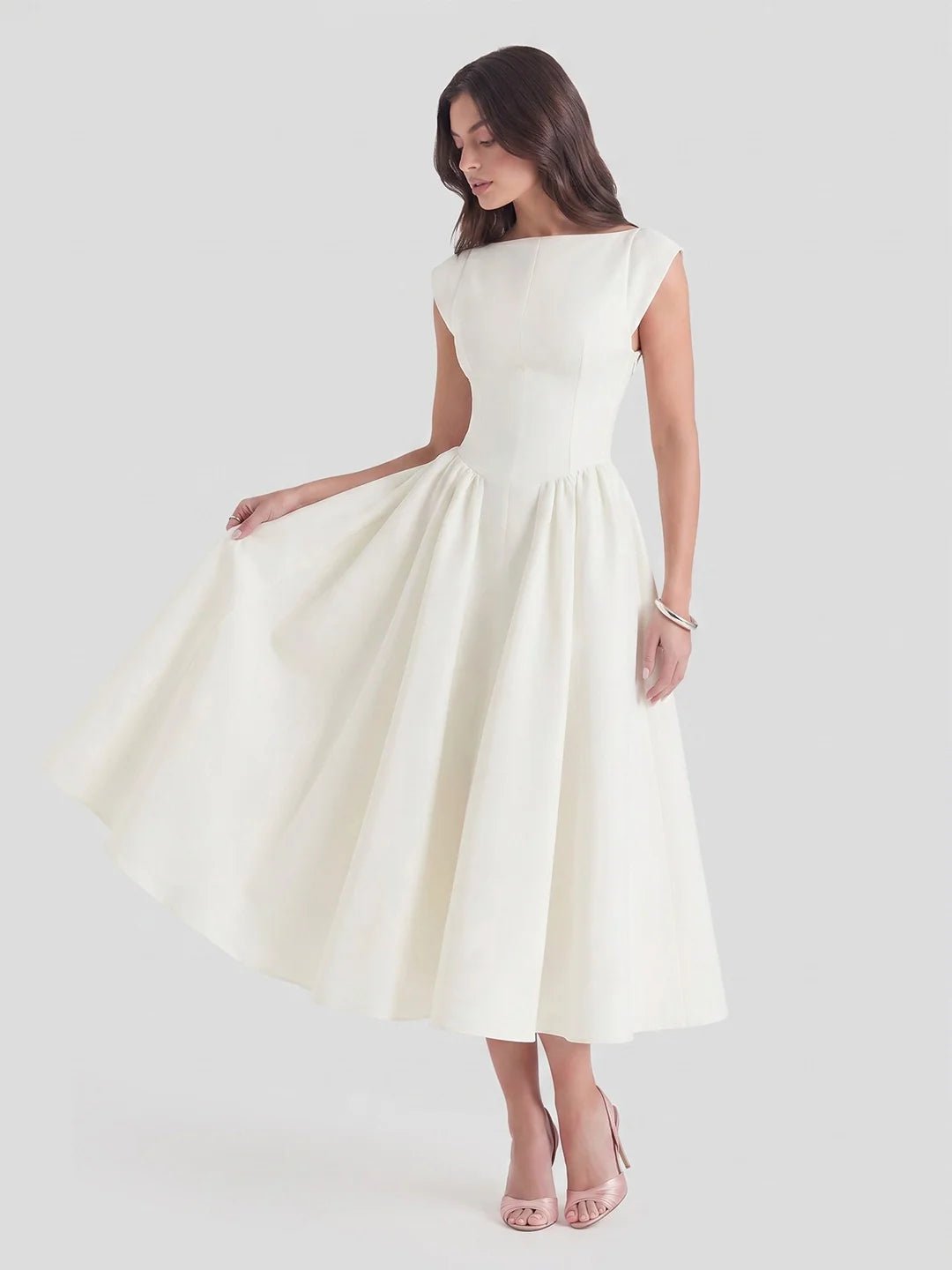 Bateau-Neck Cap-Sleeve Full-Skirt Satin Midi Dress