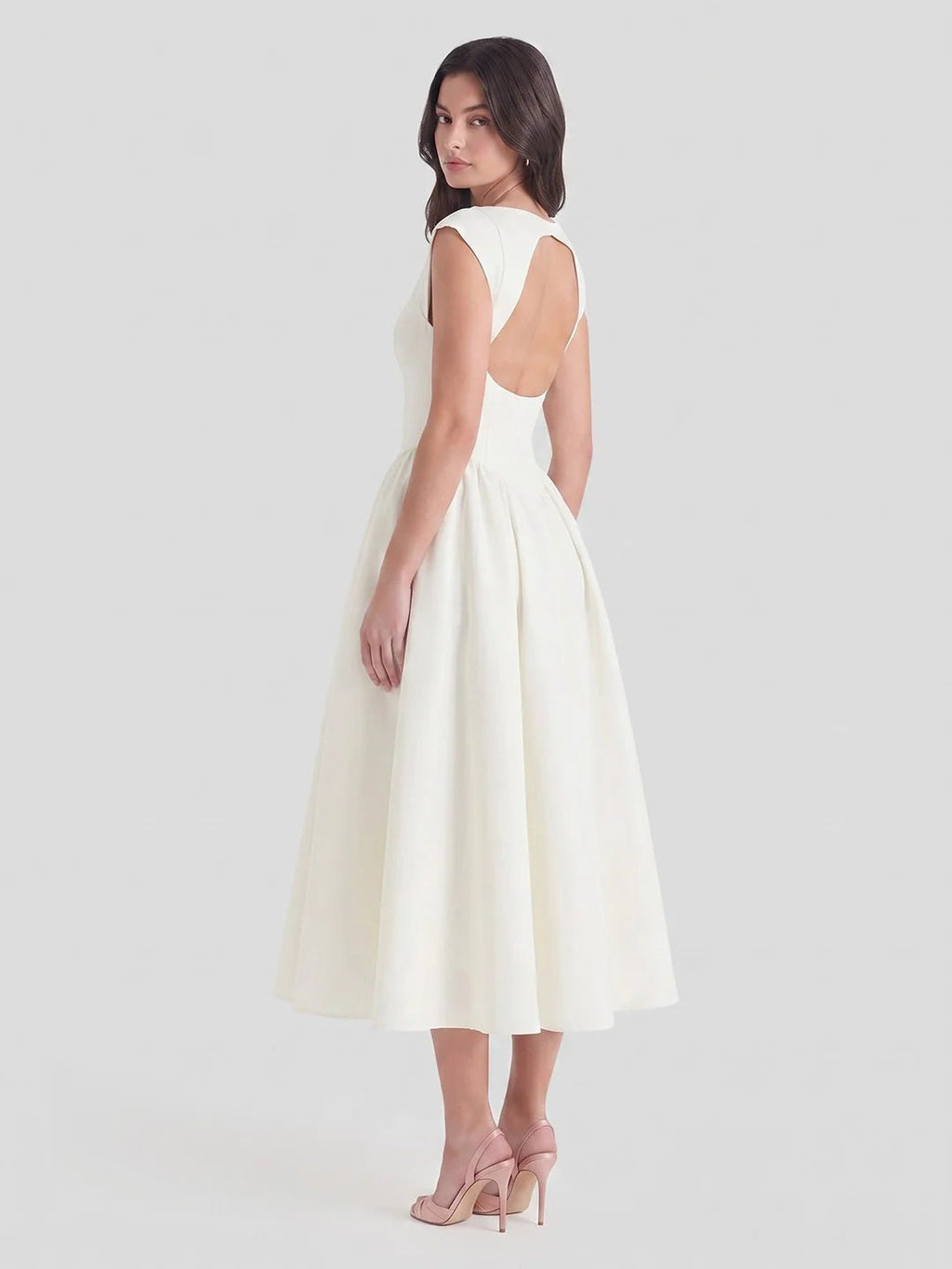 Bateau-Neck Cap-Sleeve Full-Skirt Satin Midi Dress