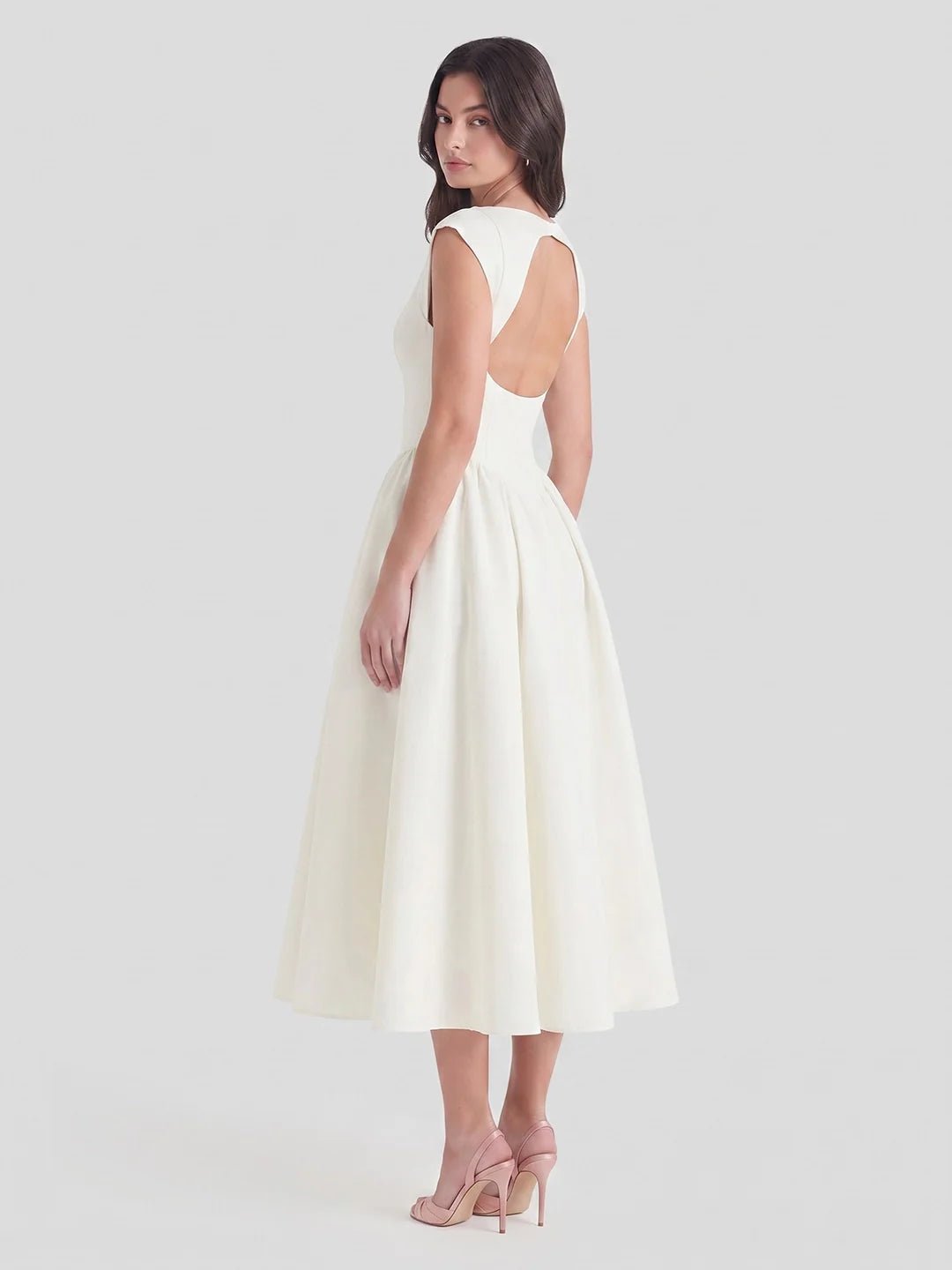 Bateau-Neck Cap-Sleeve Full-Skirt Satin Midi Dress