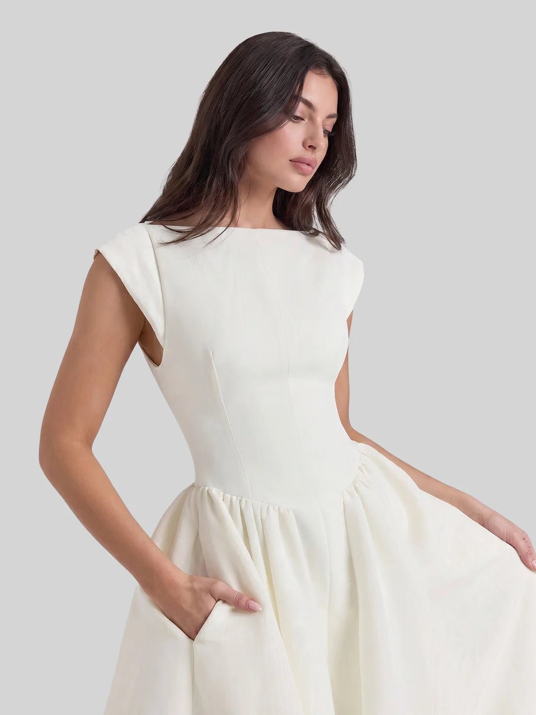 Bateau-Neck Cap-Sleeve Full-Skirt Satin Midi Dress