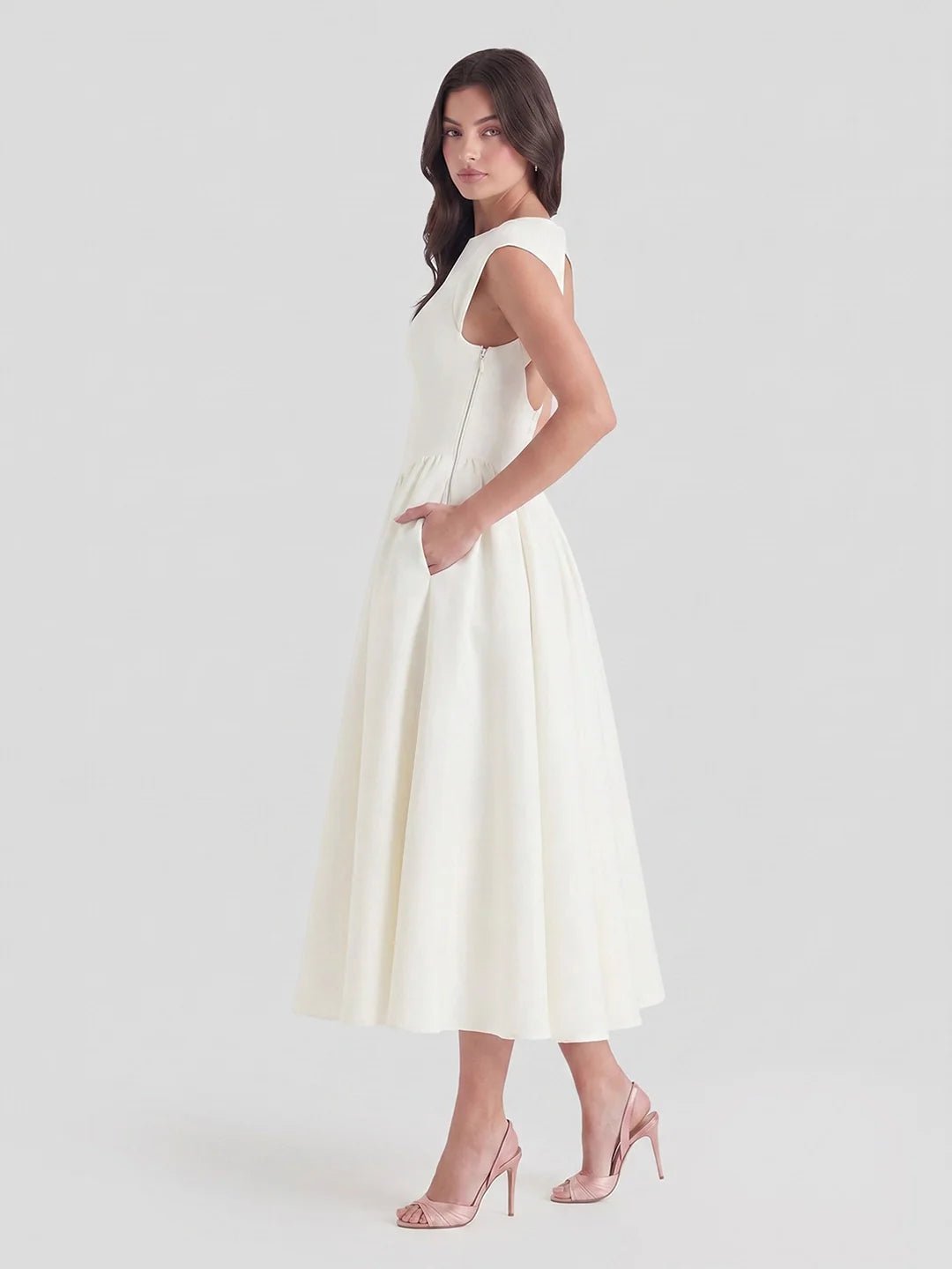 Bateau-Neck Cap-Sleeve Full-Skirt Satin Midi Dress