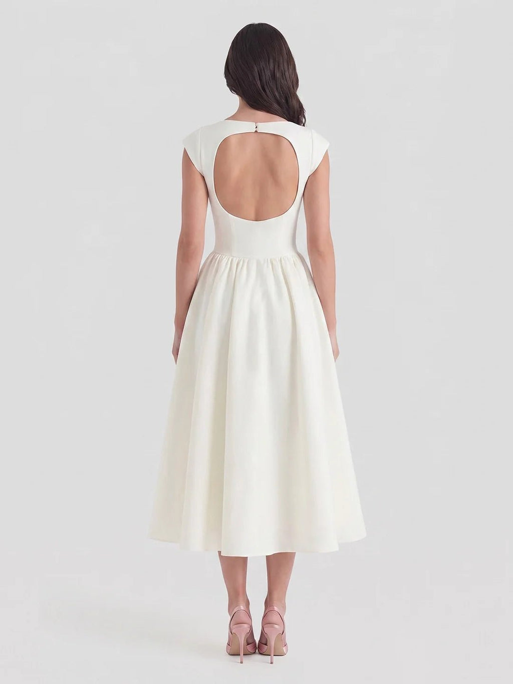 Bateau-Neck Cap-Sleeve Full-Skirt Satin Midi Dress