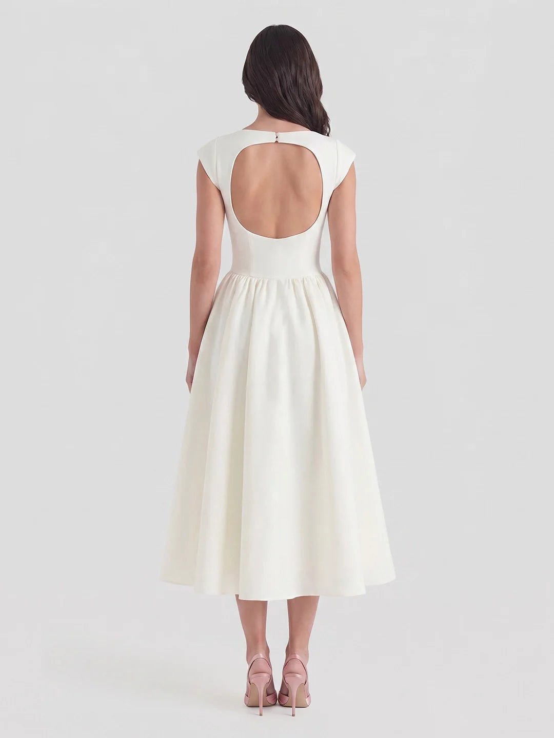 Bateau-Neck Cap-Sleeve Full-Skirt Satin Midi Dress