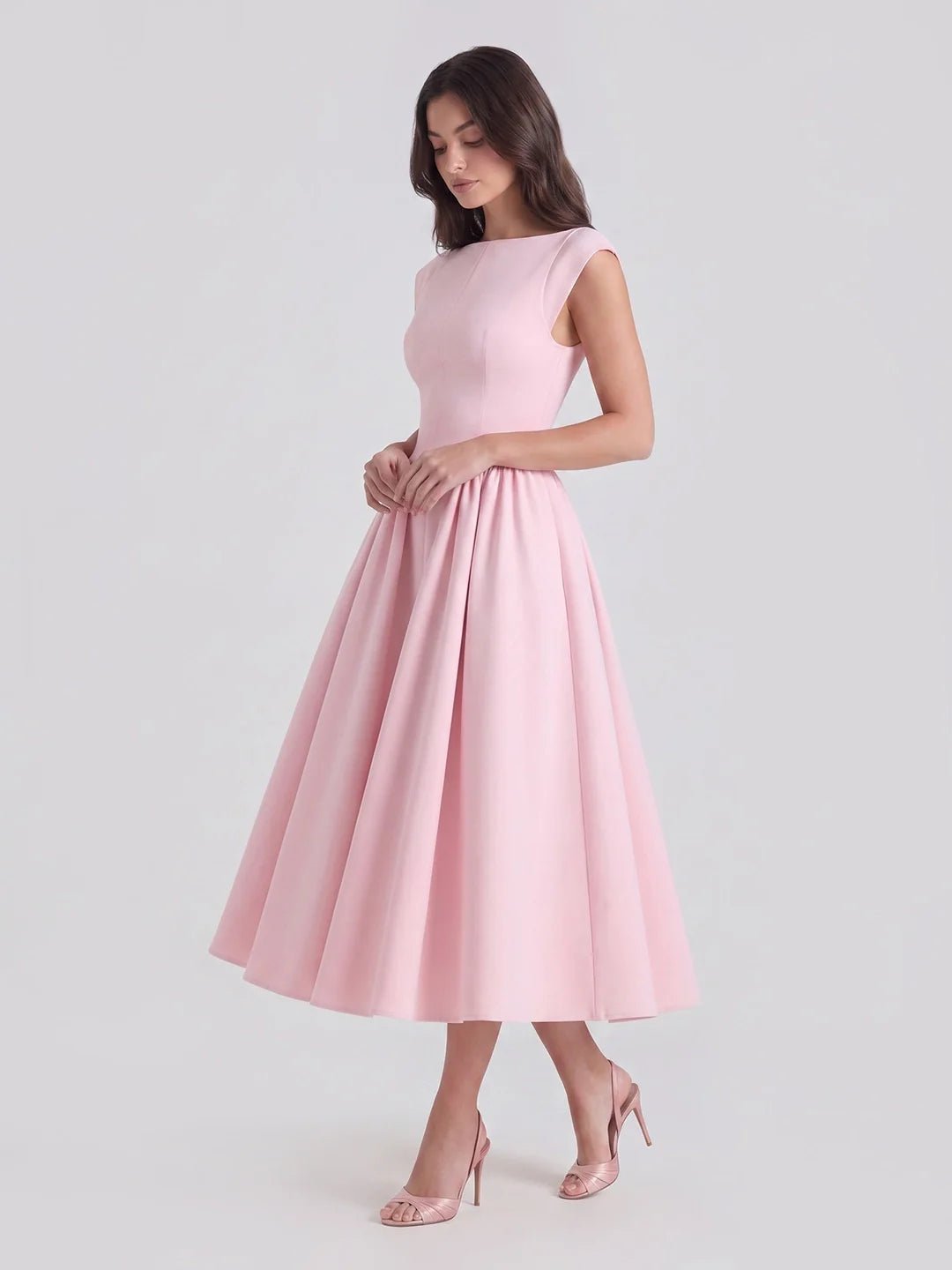 Bateau-Neck Cap-Sleeve Full-Skirt Satin Midi Dress