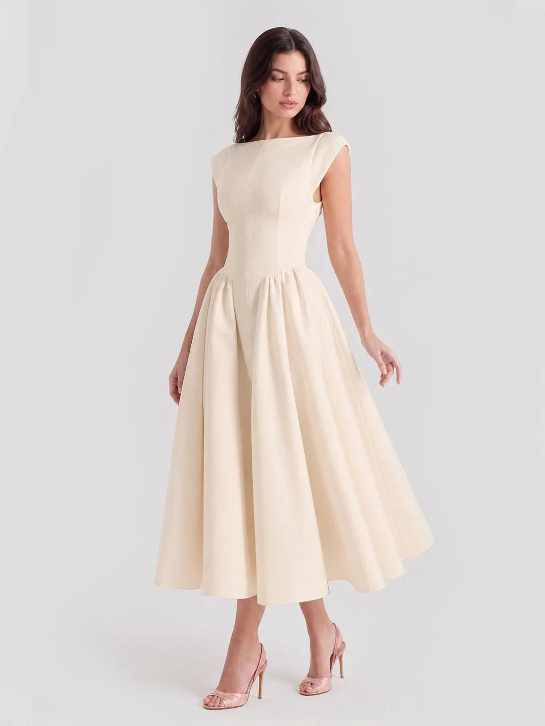 Bateau-Neck Cap-Sleeve Full-Skirt Satin Midi Dress