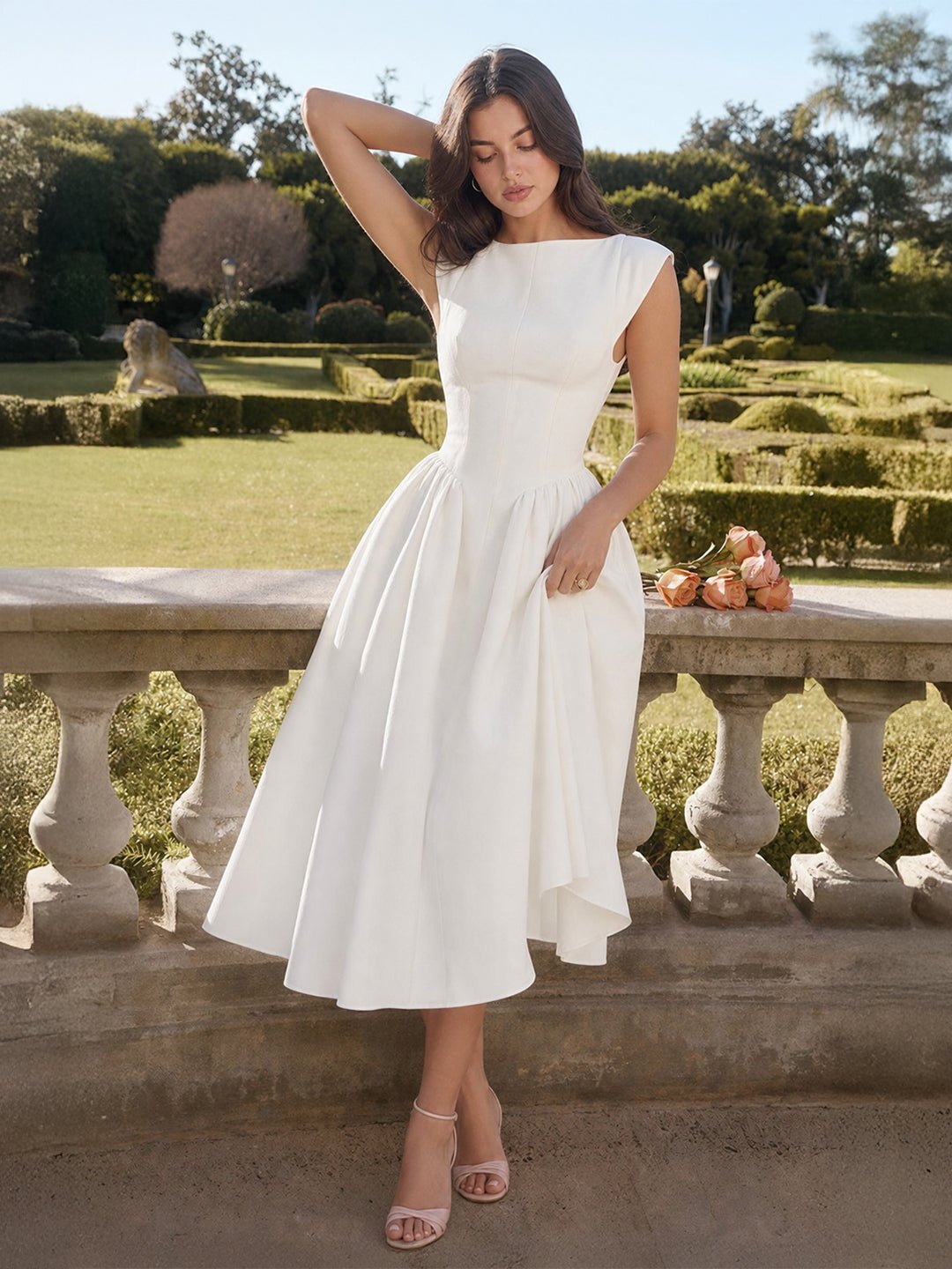 Bateau-Neck Cap-Sleeve Full-Skirt Satin Midi Dress