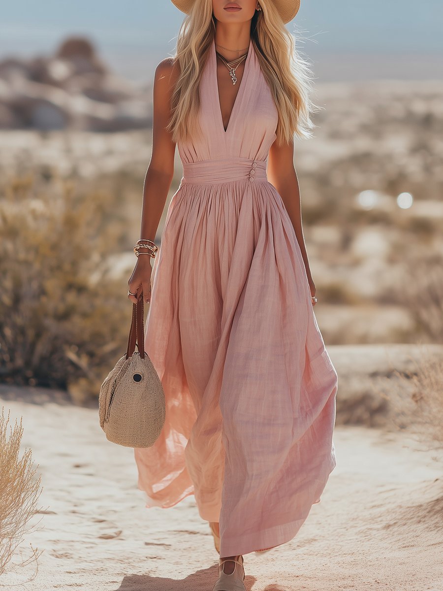 Boho Cotton-Linen Halter Maxi Dress