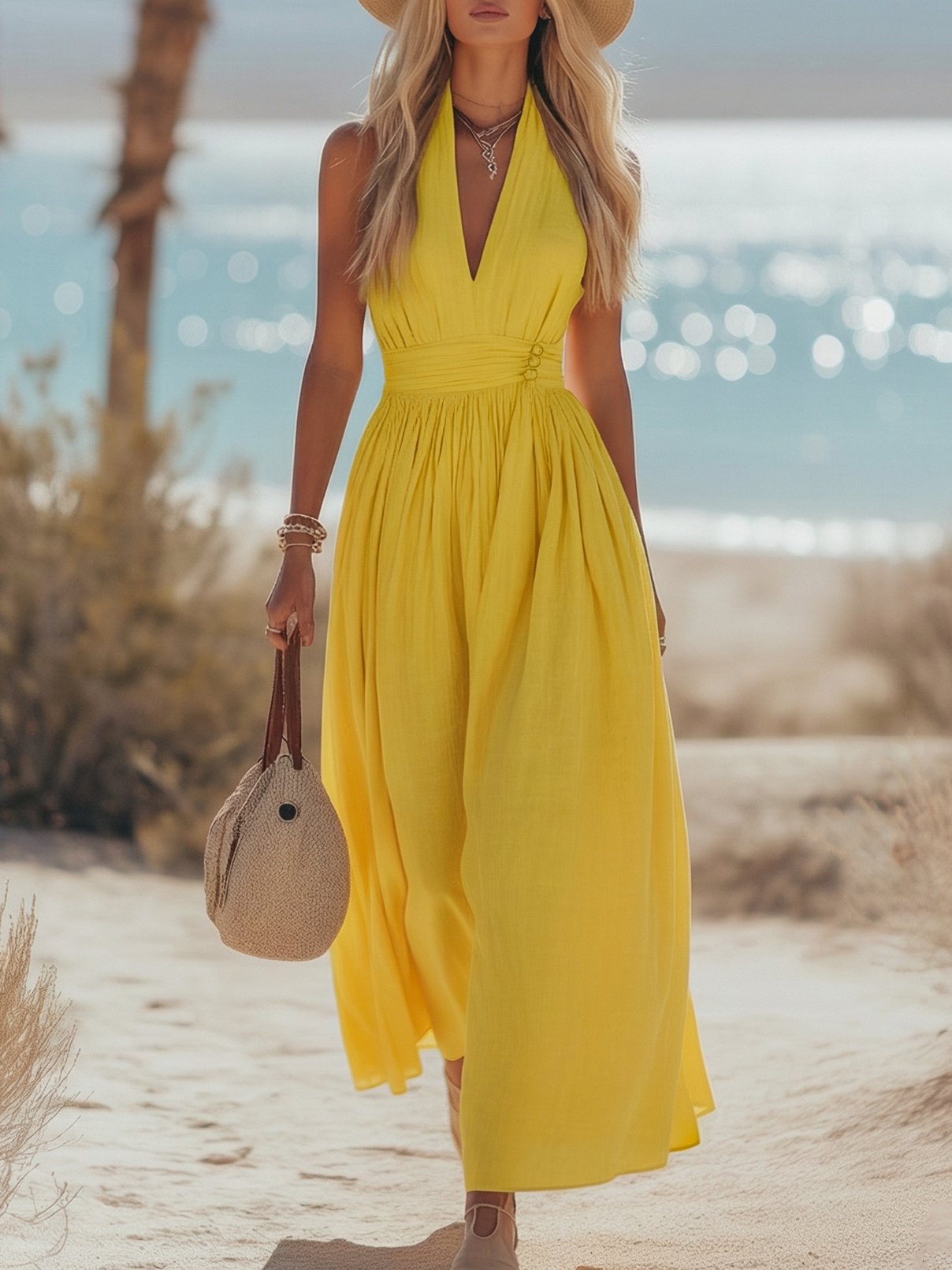 Boho Cotton-Linen Halter Maxi Dress