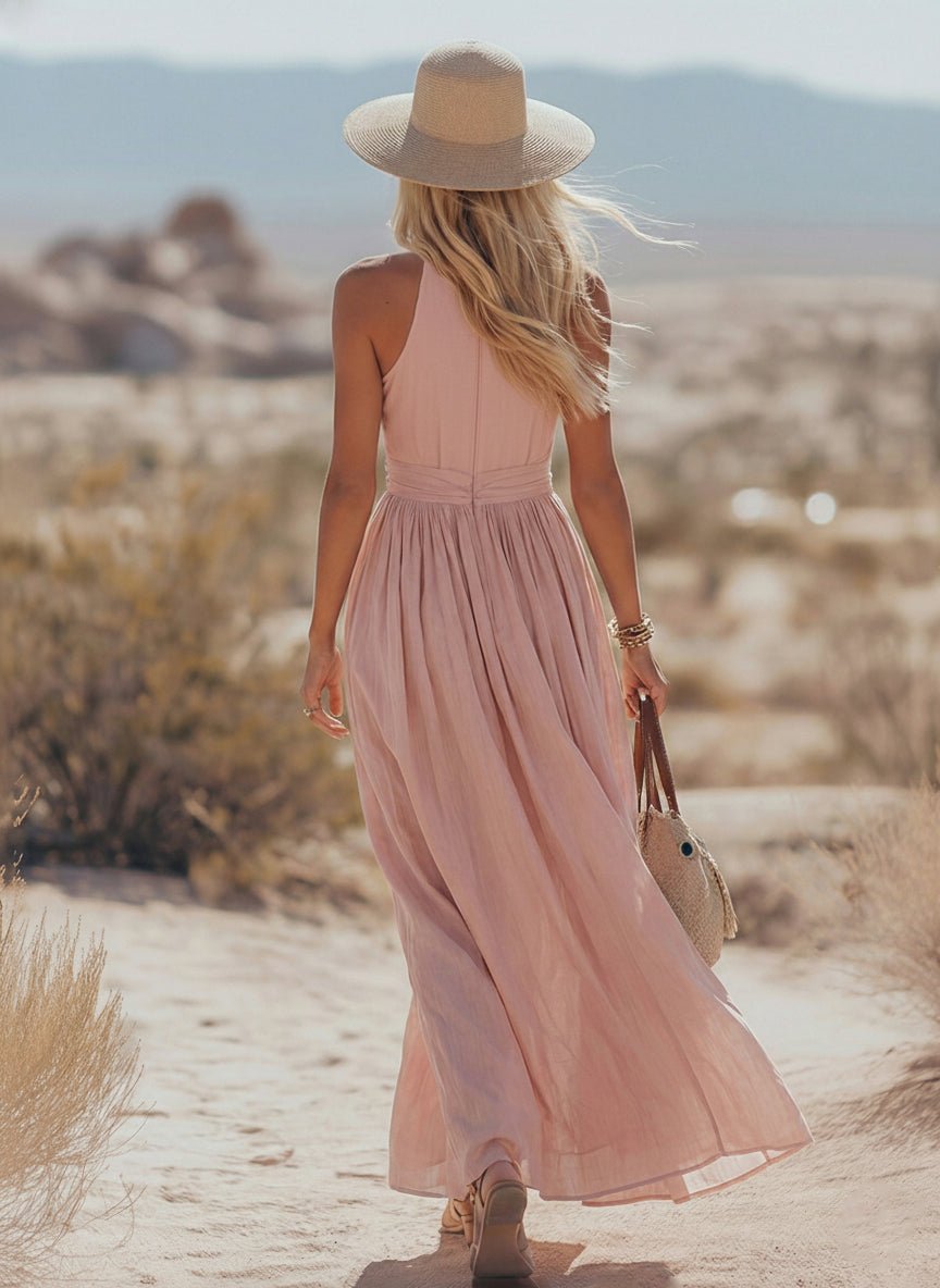 Boho Cotton-Linen Halter Maxi Dress