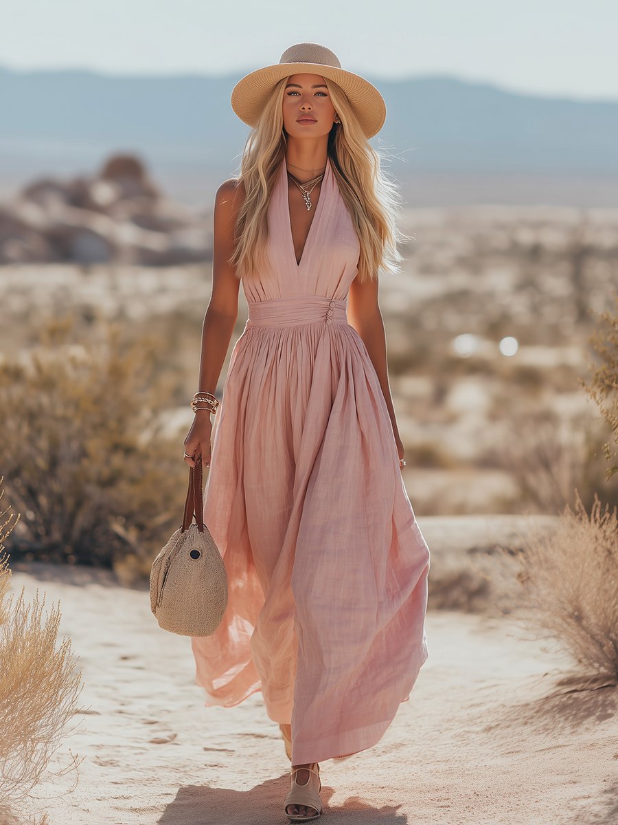 Boho Cotton-Linen Halter Maxi Dress